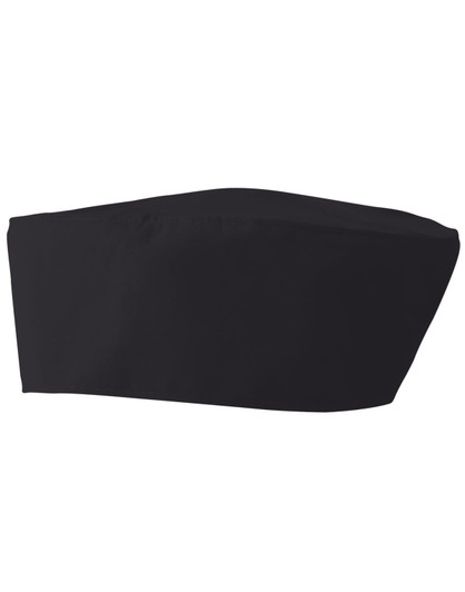A black chef's skull cap with a sleek, modern design. It features a logo on one side.