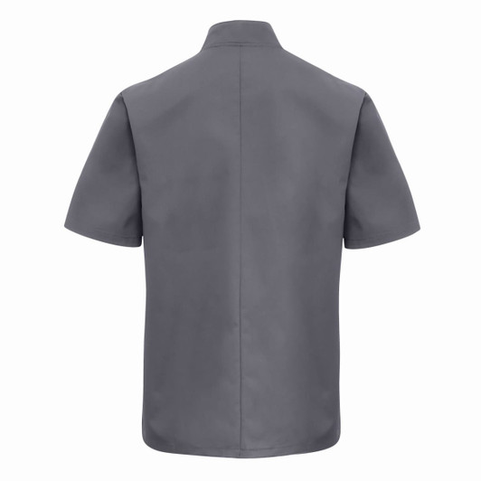 A short-sleeved chef's jacket in grey, featuring a simple design and a logo on the back.