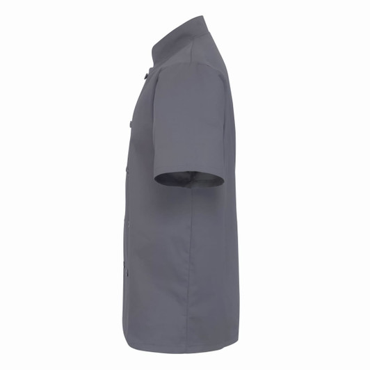 A grey chef's jacket with short sleeves, featuring a side view and a simple design with a logo.