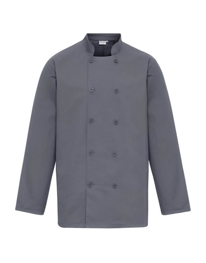 A grey chef's jacket with a double-breasted design and long sleeves, featuring a logo on the chest.