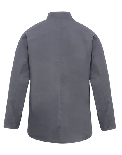 A grey chef's jacket with long sleeves and a high collar, featuring a simple design.