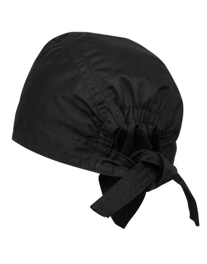 A black chef's zandana with a tied back design, featuring an elasticated band for a secure fit.