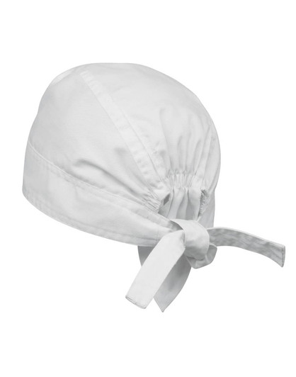 A white chef's bandana, featuring a tied back design and an elastic band for a secure fit.