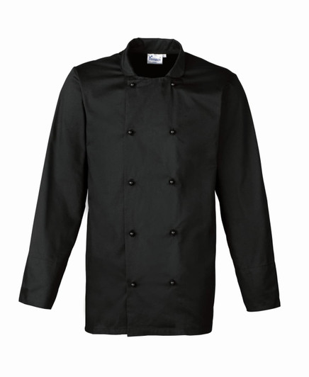 A black chef's jacket with a double-breasted design and long sleeves, featuring buttons and a logo.
