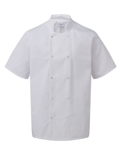 A white short-sleeved chef's jacket with studded front fastening and a plain design. Features a logo on the label.