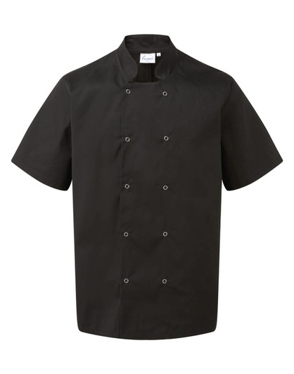 A black studded front chef's jacket with short sleeves and double-breasted design. It features a logo on the label.