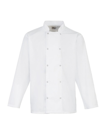 A white studded front L-S chef's jacket with long sleeves and a branded label.