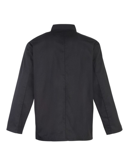 A black chef's jacket with a studded front, featuring a collar and long sleeves. Includes a logo.