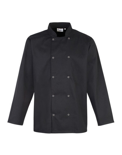 A black studded front chef's jacket with a classic collar and long sleeves, featuring decorative buttons and a logo.
