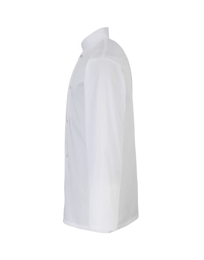 A chef's jacket in white, featuring studded front buttons and a classic collar, shown from the side.