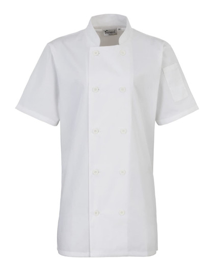 A women's short-sleeve chef's jacket in white, featuring a double-breasted front and a logo on the sleeve.