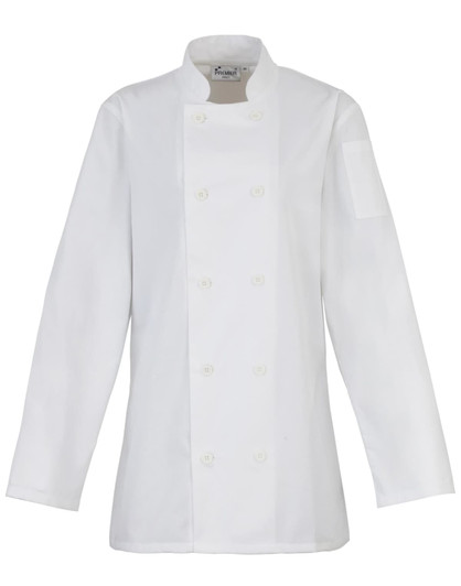 A white women's long-sleeve chef's jacket featuring a double-breasted design and a pocket on the sleeve.