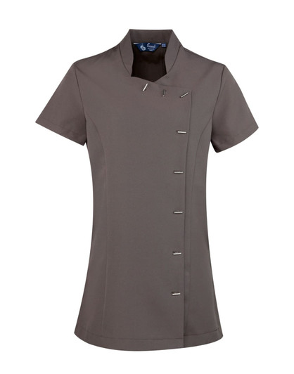 A short-sleeved tunic in a dark grey colour, featuring a stylish neckline and decorative buttons. It has a logo.