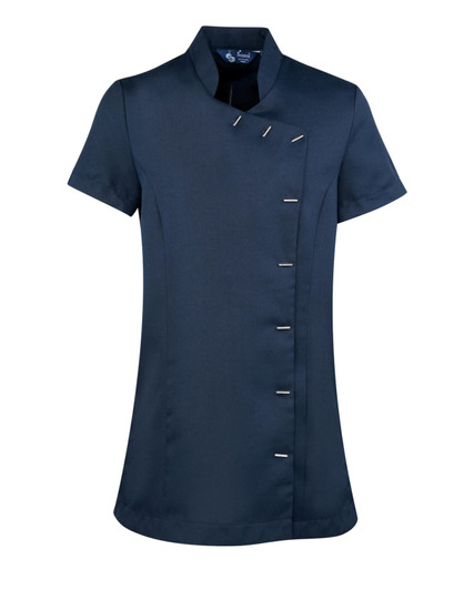 A navy blue tunic with a Mandarin collar and decorative buttons, designed for beauty and spa uniforms.
