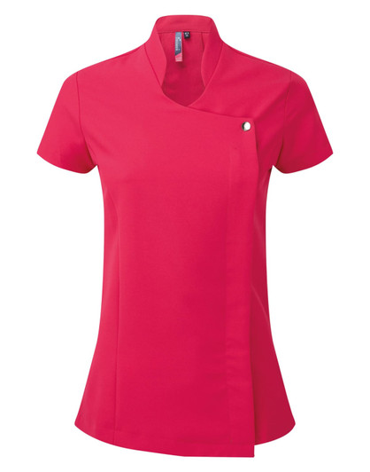 A bright pink tunic with a modern design, featuring a collar and a small logo on the side.