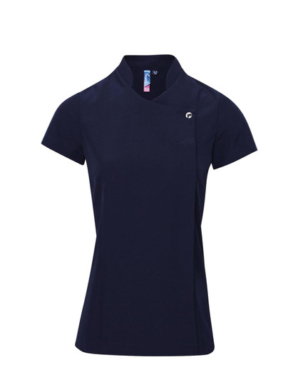 A navy tunic featuring a collar and short sleeves, with a logo on the front.