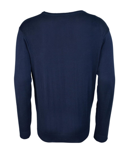 A navy blue V-neck sweater viewed from the back, featuring long sleeves and a simple design. It has a logo visible.