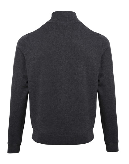 A dark grey 1/4 zip sweater with a simple design and ribbed hem, featuring a logo on the back.