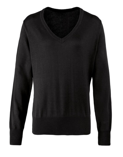 A black women's V-neck sweater with long sleeves and a ribbed hem. It features a simple design and has a logo.