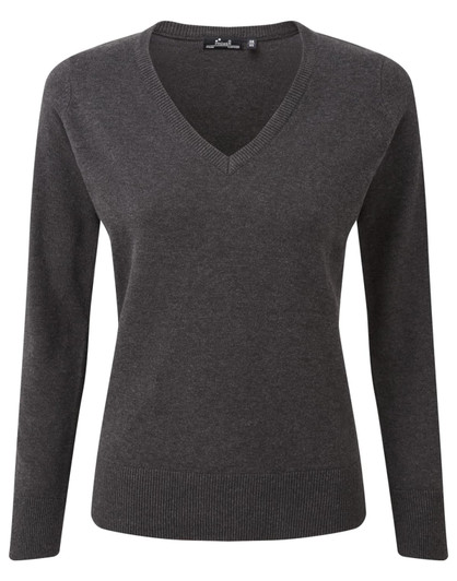 A women's dark grey V-neck sweater with long sleeves and a fitted design, featuring a branding label.