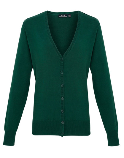 A green women's button cardigan featuring a V-neck and long sleeves, with buttons down the front.