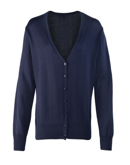 A women's button cardigan in navy blue with a V-neck and long sleeves. It features a row of buttons down the front.