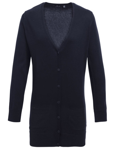 A women's longline cardigan in navy blue, featuring a V-neck, button front, and front pockets.
