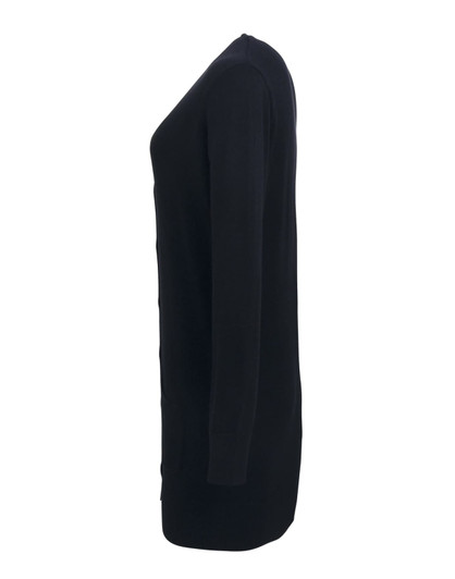 A longline cardigan in black, featuring a sleek side profile design and a subtle branding logo.