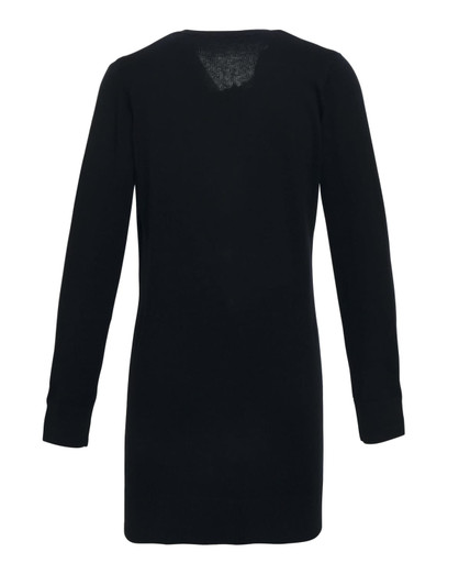 A black longline cardigan with long sleeves and a simple, elegant design. Features a back opening and has a logo.