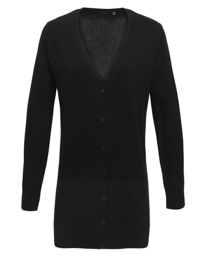 A black women's longline cardigan with a V-neck, long sleeves, and two front pockets. It features a button-up design.
