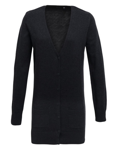 A women's longline cardigan in dark grey with a v-neck, button front, and front pockets.