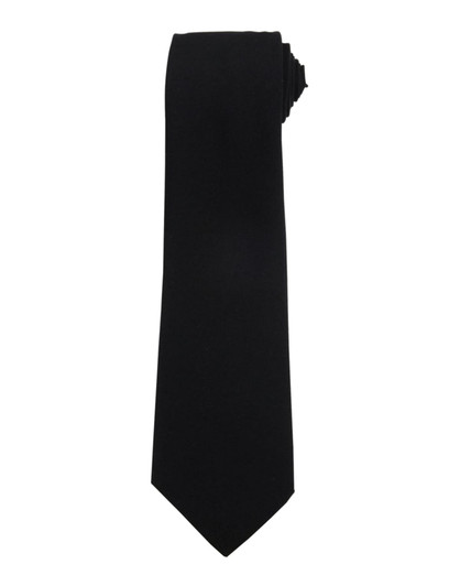 A black tie with a sleek design and pointed tip, featuring a branding logo.