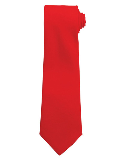 A red tie with a smooth finish, rolled neatly at the top. It features a logo on the fabric.