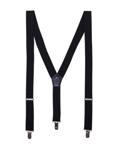 Black clip-on trouser braces with adjustable straps and metal clips. Features a central leather section.