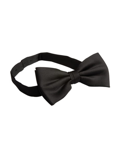 A black bow tie with a smooth finish, featuring an adjustable strap and a logo on the band.