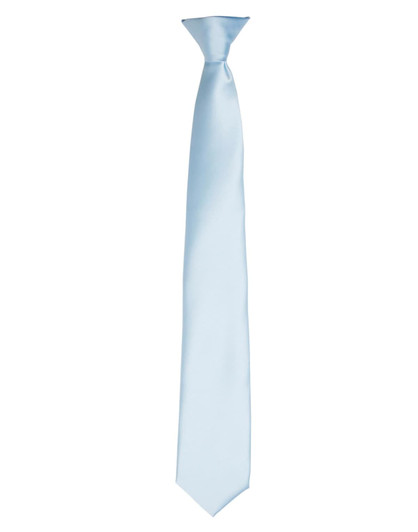 A light blue satin clip tie with a sleek finish, featuring a simple design and a hidden logo.