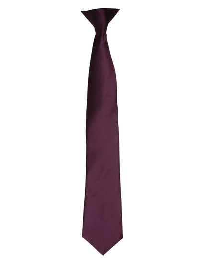 A burgundy satin clip tie with a sleek, smooth finish and a small logo at the top.
