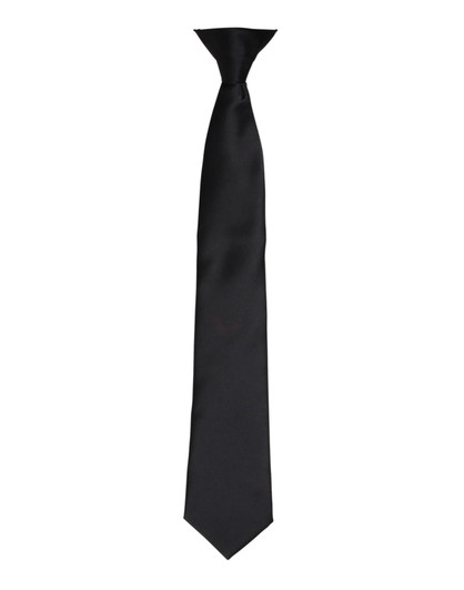 A satin black tie with a sleek design, featuring a subtle branding logo.