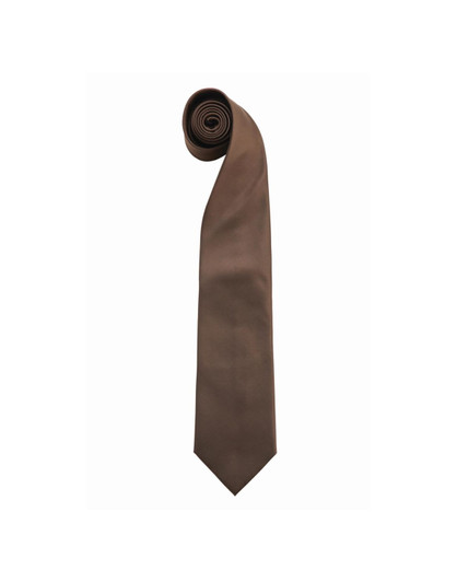 A rolled brown silk tie with a pointed tip, featuring a branding logo.