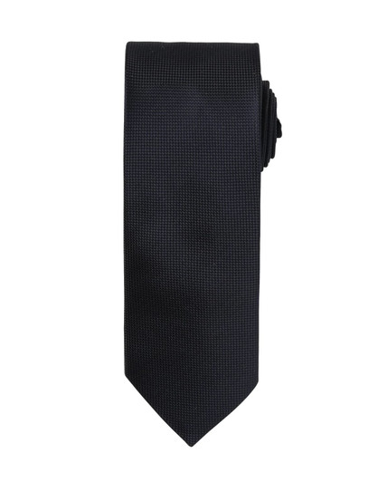 A black micro waffle tie displayed against a white background, featuring a textured pattern and a branding logo.