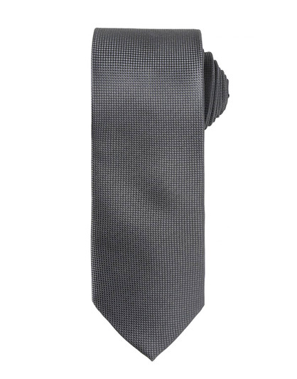 A grey micro waffle necktie, featuring a textured pattern and rolled design at the top.