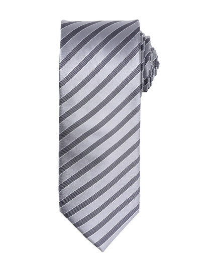A grey tie featuring a double stripe pattern and a textured design. Includes branding on the label.