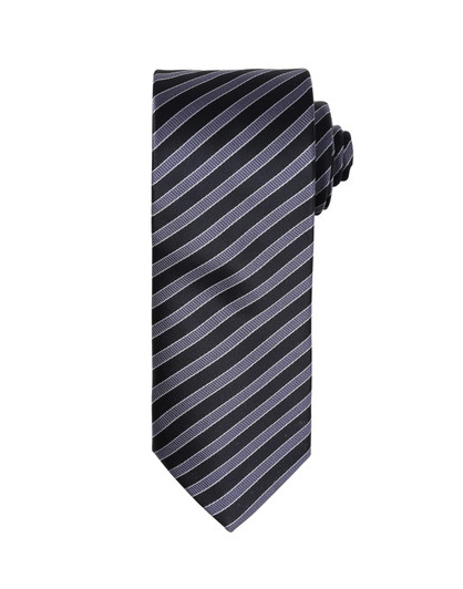 A dark blue tie featuring alternating light blue and silver stripes, finished with a neatly rolled knot.