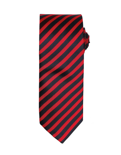 A double stripe tie featuring alternating red and black stripes with a floral accessory.