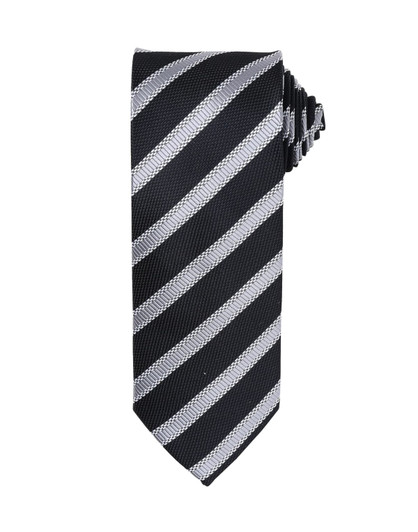 A black and silver striped tie with a textured fabric, featuring diagonal waffle stripes and a logo.