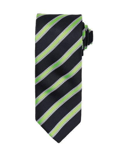 A striped tie featuring black and green colours, adorned with a logo. Suitable as a formal clothing accessory.