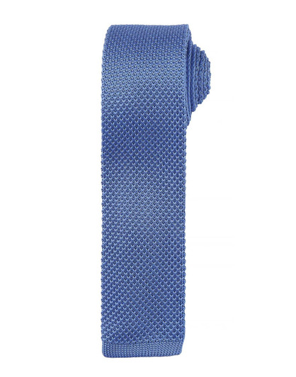 A slim knitted tie in a light blue shade with a textured finish. It features a logo on the label.