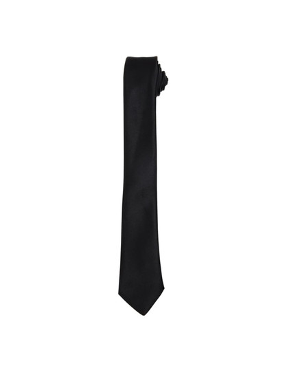 A black slim tie rolled and displayed vertically, featuring a smooth, shiny fabric and a branding logo.