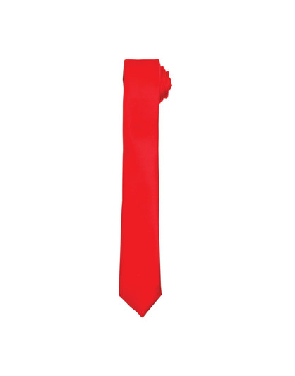 A slim red tie rolled neatly, featuring a solid design and a branding logo.