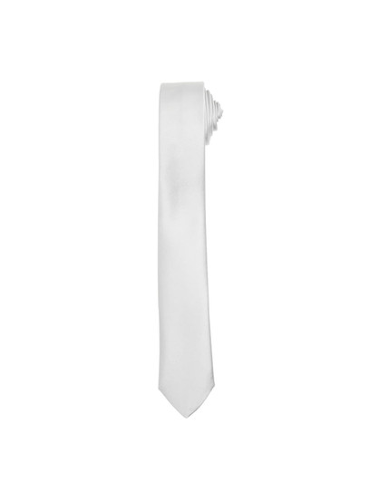 A white slim tie with a smooth finish, rolled neatly at one end. It features a discreet logo on the fabric.